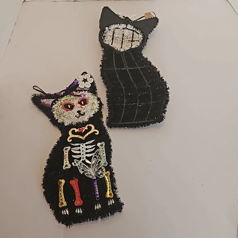 Hand crafted Halloween Cats Set of 2 Black Cats Handmade Holographic Bone detail